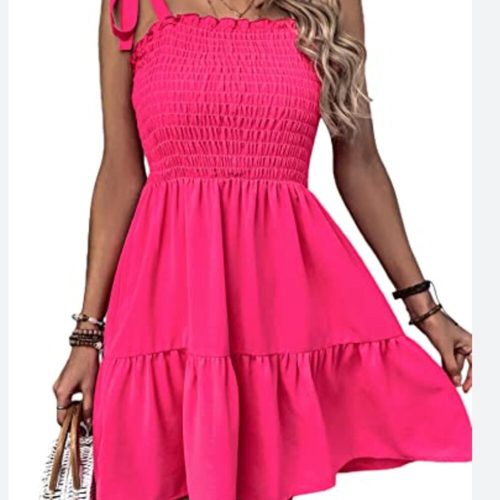 Shein Hot Pink Flowy Ruffle Ruched Waist Dress With Bow Straps